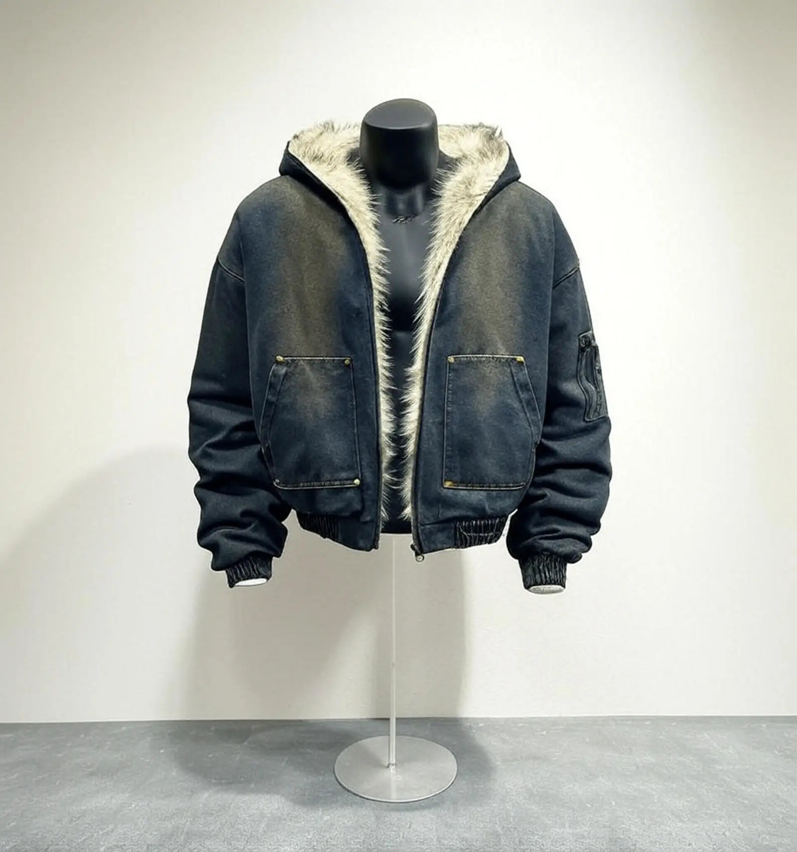 Street Style Distressed Denim Hooded Jacket with Fur Collar Mens and Womens Black Zip Up Coat Washed Warm Casual Winter Top 251114