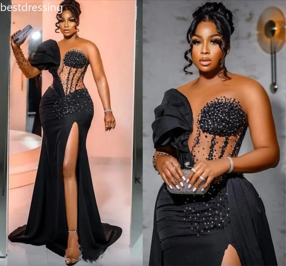Arabic Aso Ebi Black Mermaid Prom Dresses Overskirts Satin Sheer Neck Lace Beaded Ocn Evening Gowns Sexy Side Slit Ruched Second Reception Dress Cus