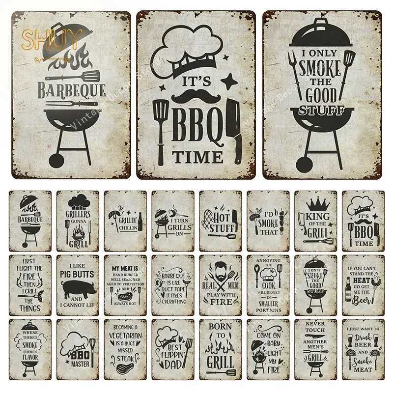 BBQ Metal Tin Sign Vintage for Restaurant Room Club Farm Garden Happy Time Wall Decor Art Retro Custom Home Pictures DecorationM251114-image-1084653804