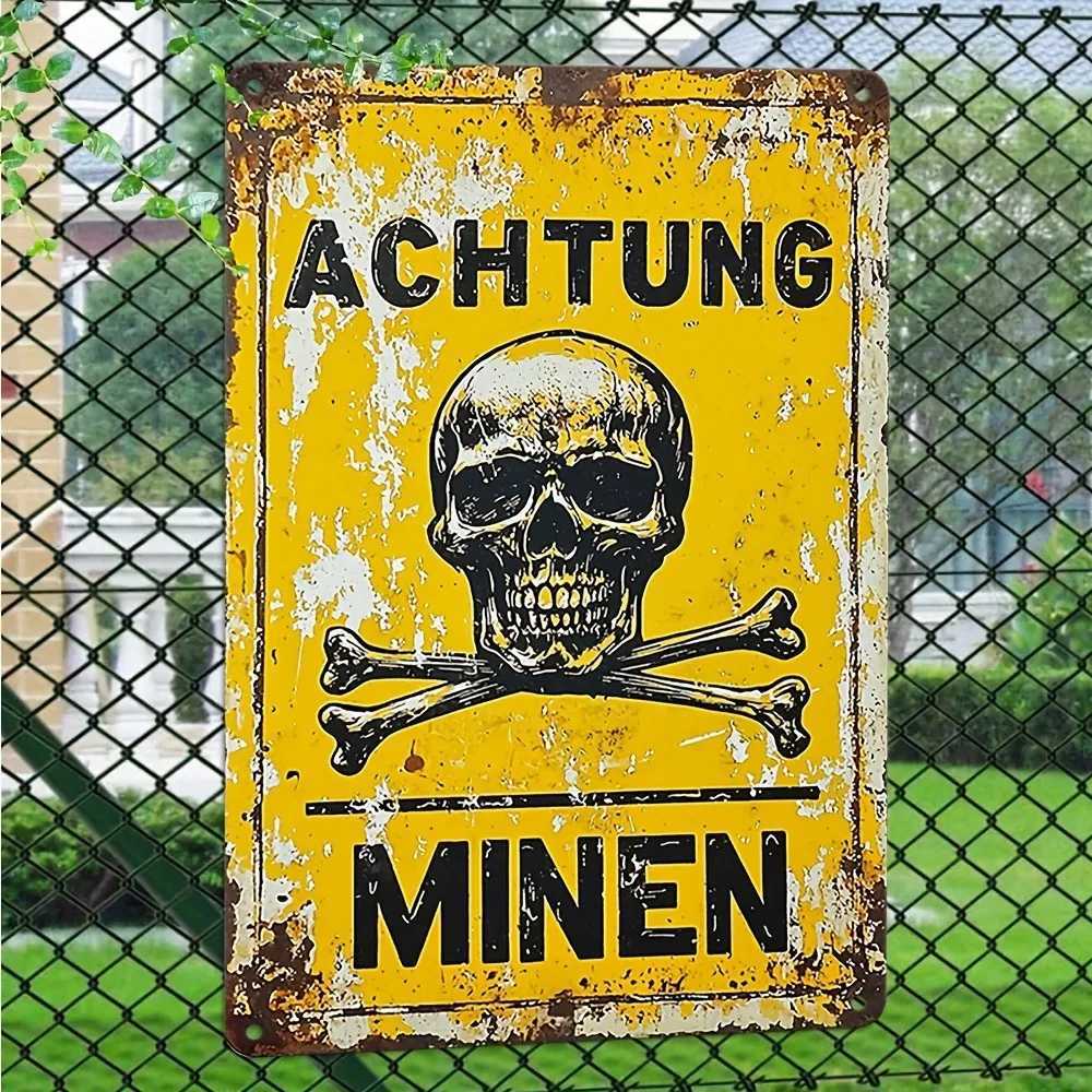1pc Vintage German Metal Sign - Achtung Minen Crossbones Rustic Iron Military DecorM251114-image-1084651089