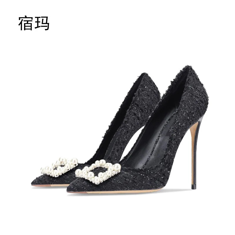Square buckle rhinestone pearl black woven high heels for women 2025 pointed thin heel versatile and sexy single heel shoes 251111