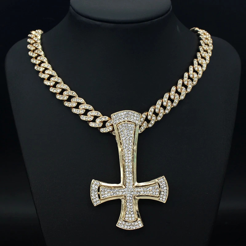 Hommes Femmes À L'envers Croix Pendentif Collier 11mm Miami Chaîne HipHop Glacé Bling Colliers De Mode Charme Bijoux Cadeau 250414