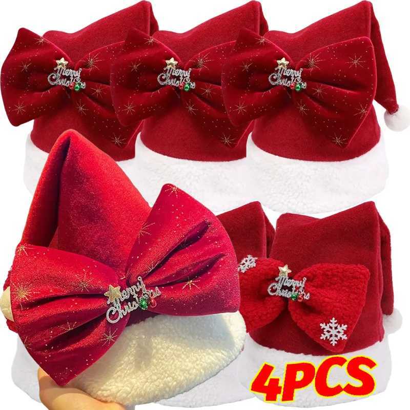4/1x Soft Velvet Plush Large Bow Santa Claus Hat Caps Merry Christmas Hats for Women Adults Thickened New Year Party Decor Gift Y251115-image-1084820105