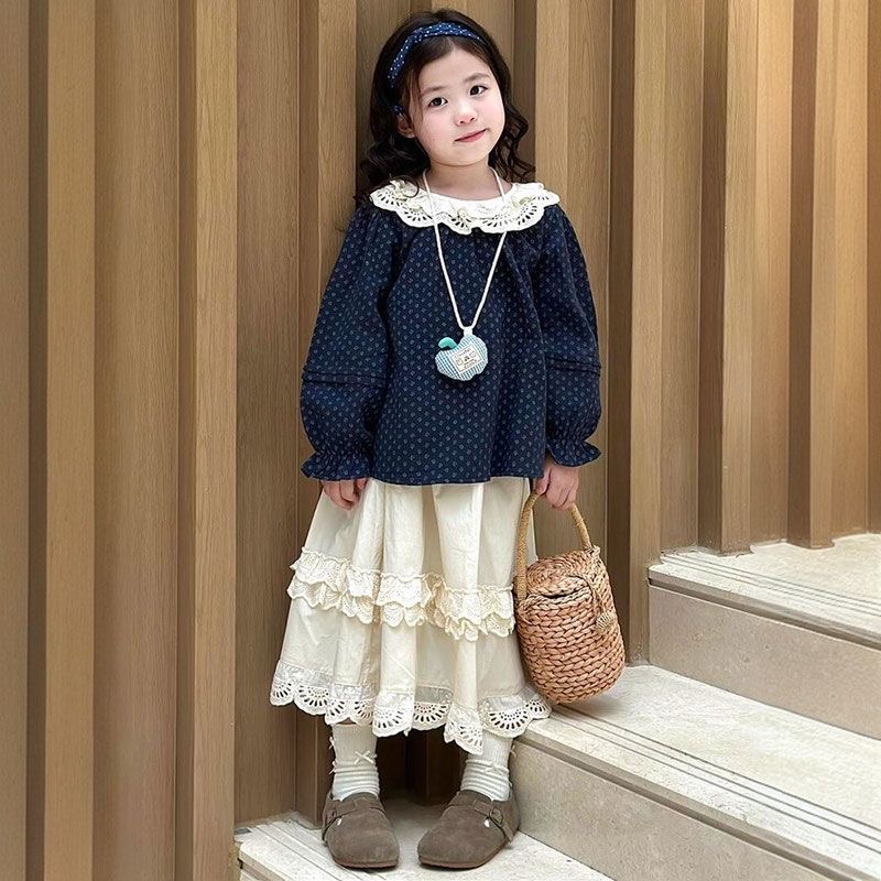 D685 New autumn style girls&#039; Mori girl doll collar lace floral long-sleeved shirt and skirt set-image-1084719014
