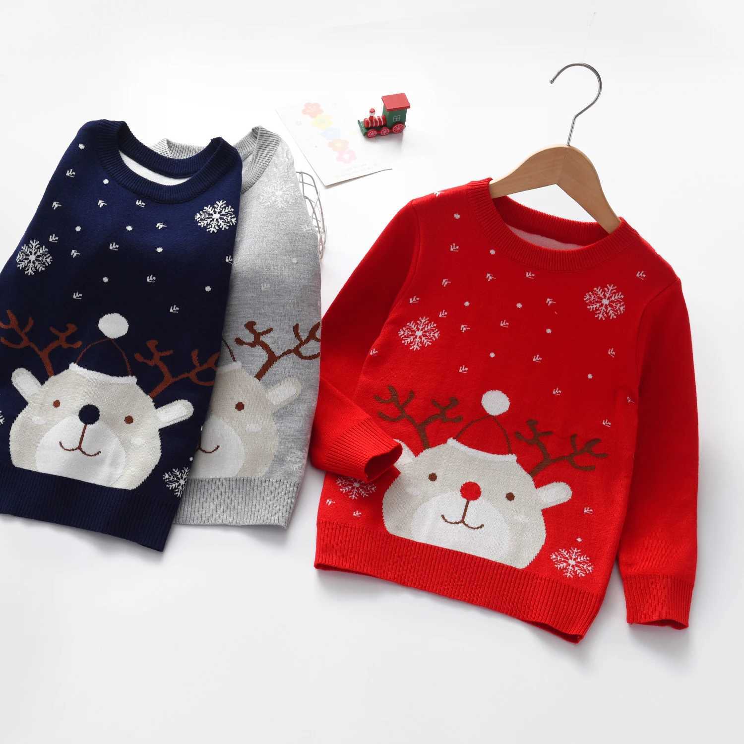 Boys Christmas Knitted Sweater with Snowflake and Deer Pattern Jacquard Round Neck Sweater Long Sleeve Hoodie Autumn and Wint C251115-image-1084780411