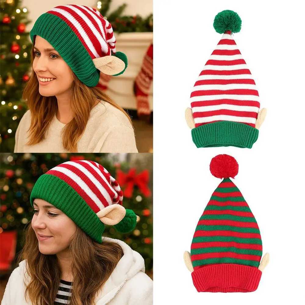 Striped Pattern Christmas Hat with Small Ears Jacquard Wool Ball Xmas Cap Decoration Holiday Knitted Hat New Year H251115-image-1084810714