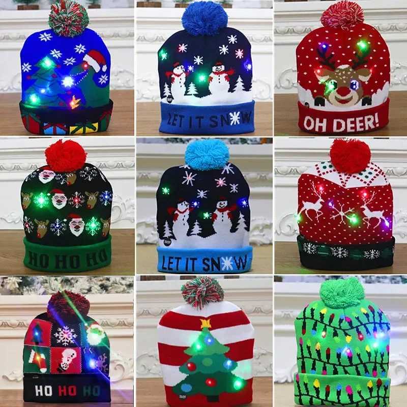 Christmas Hats With LED Light Cartoon Santa Claus Snowman Elk Knitted Xmas Soft Hat Noel Merry Christma Decoration New Year Gift H251115-image-1084812732