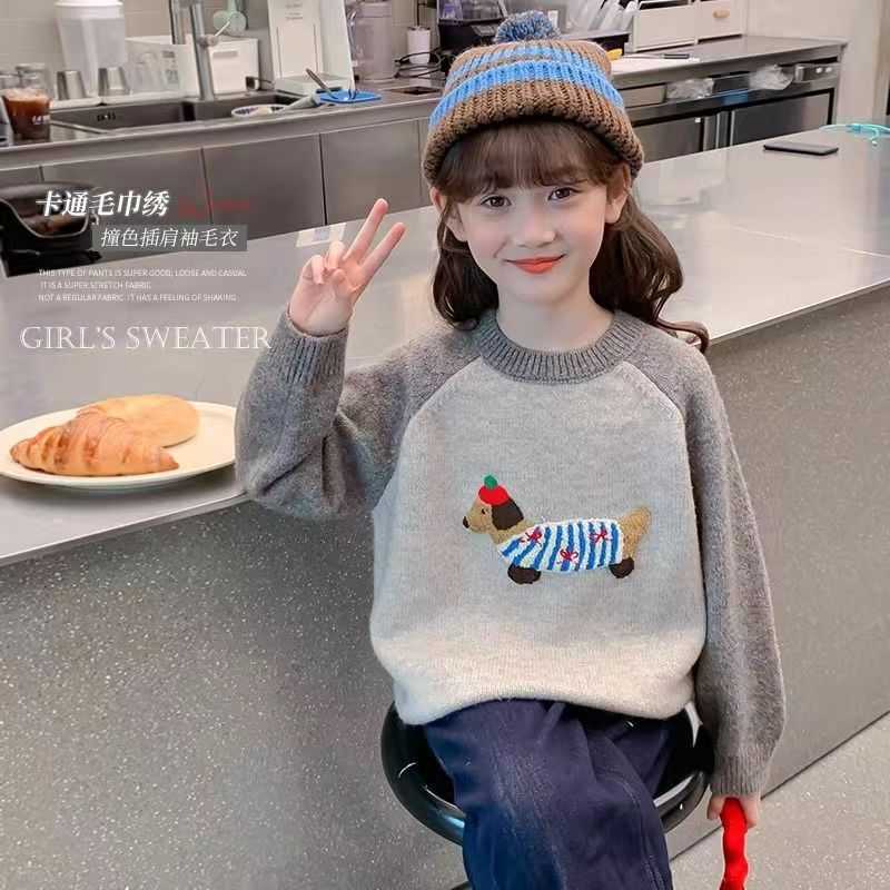 Girls Round Neck Sweater Autumn Winter Childrens Clothing Girls Raglan Sleeve Color Block Knitted Top C251115-image-1084780107