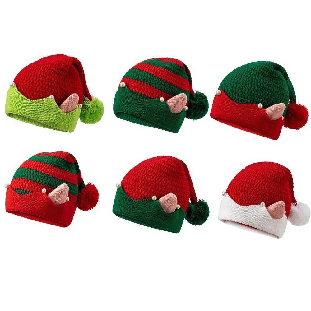Striped Pattern Christmas Hat Jacquard Wool Ball Knitted Hat with Small Ears Knitted Elf Santa Cap New Year H251115-image-1084812267