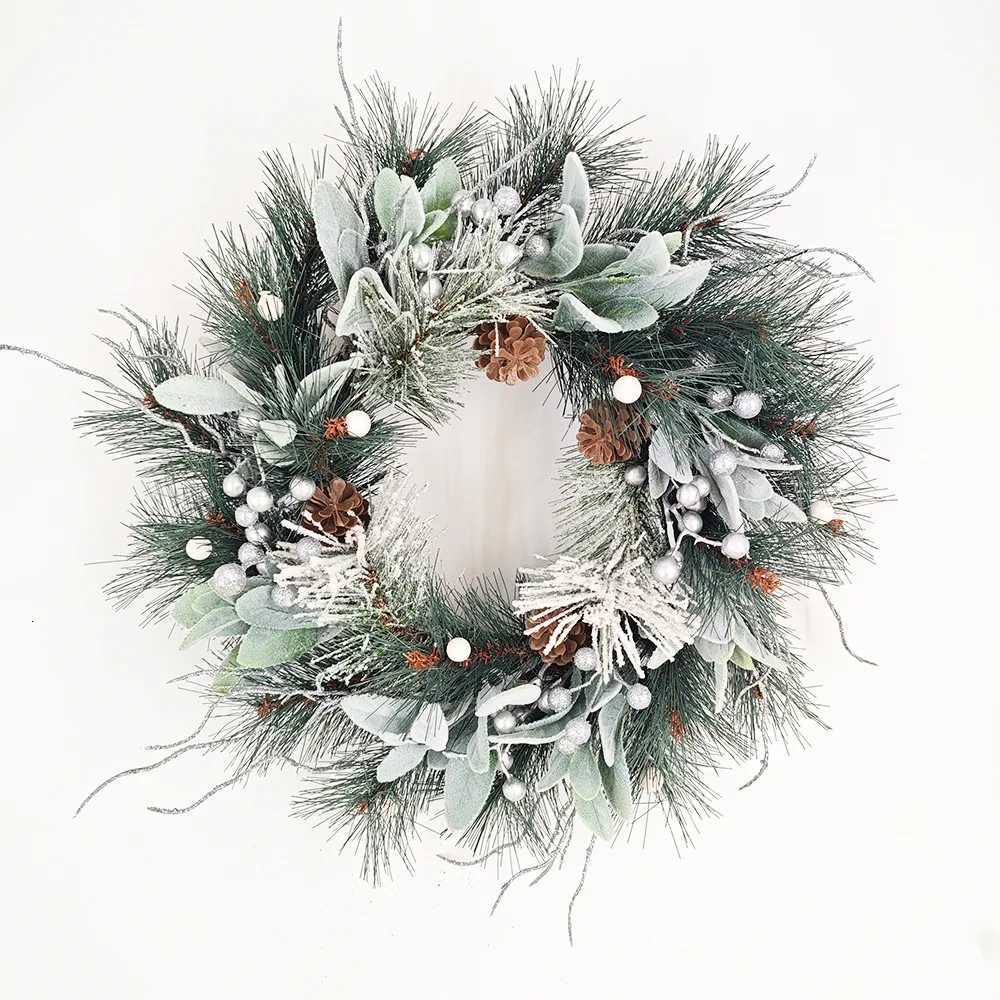 17in Christmas Wreath Flocked Lambs Ear Wreath With White Rose Red Berries Christmas Decorations For Front Door Wall Floral HoopM251115-image-1084783587