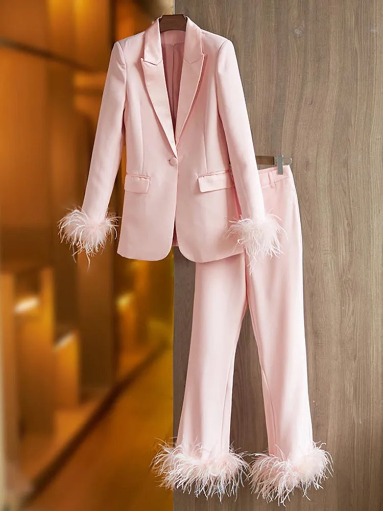 HIGH STREET Latest er Set Womens Ultra Thin Single Button Feather Embossed Jacket Pants Set 250410
