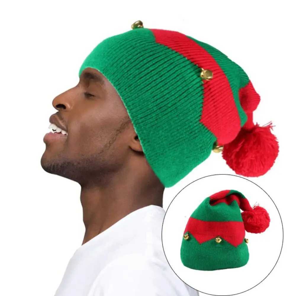 With Pompom Christmas Knitted Beanies Hats Warm Knit with Bells Christmas Stripe Hat Red Green Color Crochet Cap Winter Season H251115-image-1084812298