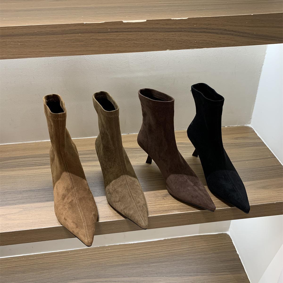 High Heel Pointed Toe Suede Khaki Slim Short Women's Shoes 2025 New Spring and Autumn Single Korean Style Small Bare Boots