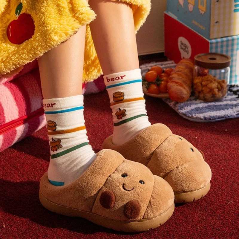 Cute Cartoon Fluffy Slippers For Women Men Winter House Shoes Furry Croissant Bread Style Anti slip Couples Home Cotton Slides Z251113