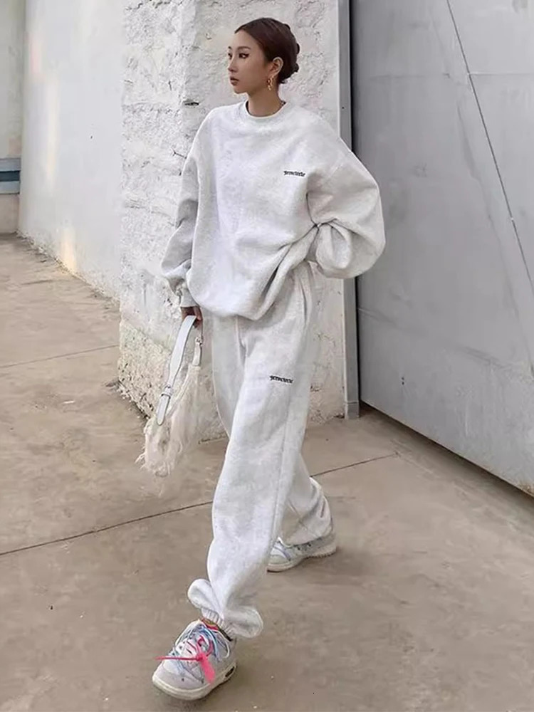 American retro grey casual sportswear womens spring loose Grunge O-neck sweatshirt Trouser two-piece womens set 250415