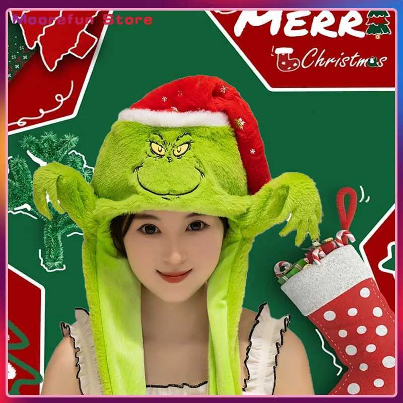 Kawaii Green Monster Santa Claus Plush Hat Cute Winter Warm Milu Deer Design Cartoon Christmas Hat for Kids X-Mas Gift H251115-image-1084811831