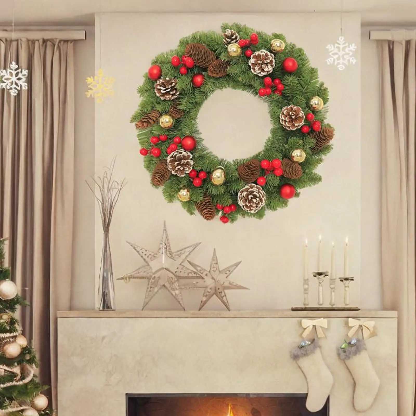 Christmas Wreath with Red Gold Balls Artificial Wreath 60 cm Holiday Wreath for Window Festival Fireplace Wedding FarmhouseM251115-image-1084784560
