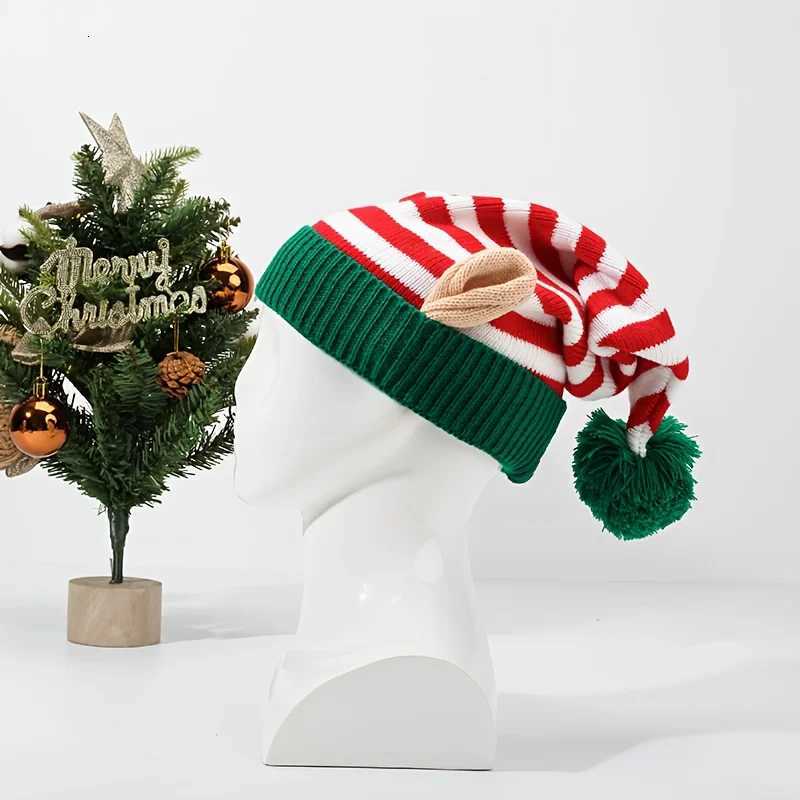 New Winter Striped Christmas Hat with Small Ears and Embroidered Balls Warm Thick Windproof Holiday Headwear Seasonal Fashion H251115-image-1084811935