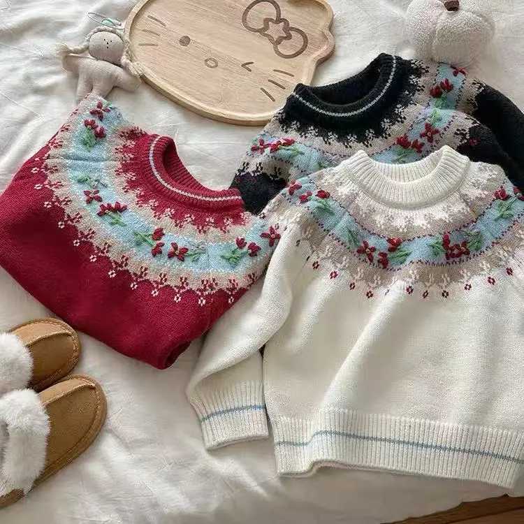 Children Girls Sweater Retro Contrast Floral Embroidery Kids Girls Pullovers Loose Casual Thick Warm Infant Babys Girl Knitwears C251115-image-1084780869