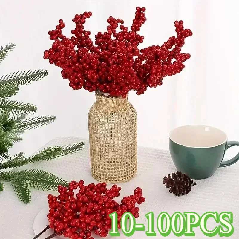 10-100pcs Christmas Red Berries Branch Fake Plants Flowers Artificial Holly Berry Stamen Wreath Ornaments for Xmas Tree HomeM251115-image-1084785655