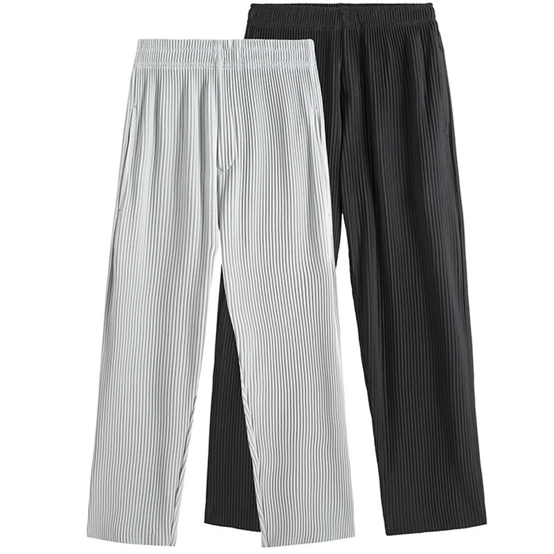 Summer pleated pants mens fashion gray black casual pants mens Japanese street pants loose straight ice silk pants mens Trouser 250410