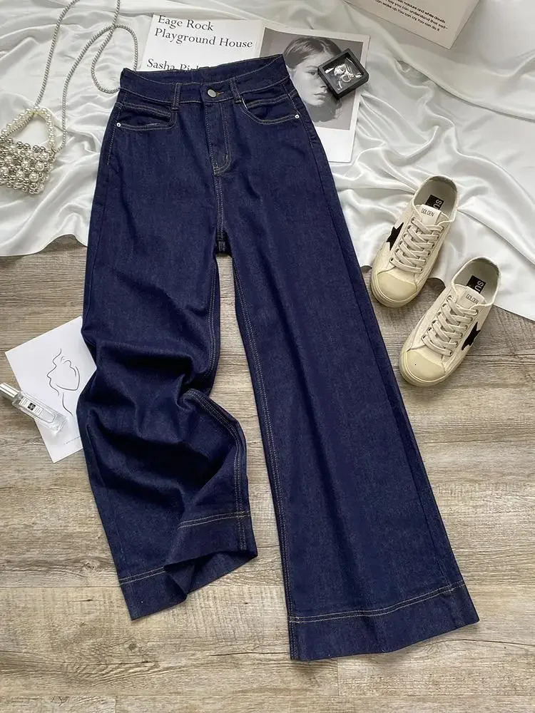 Womens Blue Straight Jeans Early Autumn Spring 2025 High Waist Weight Loss Loose Long Leg Pants 250410 1f