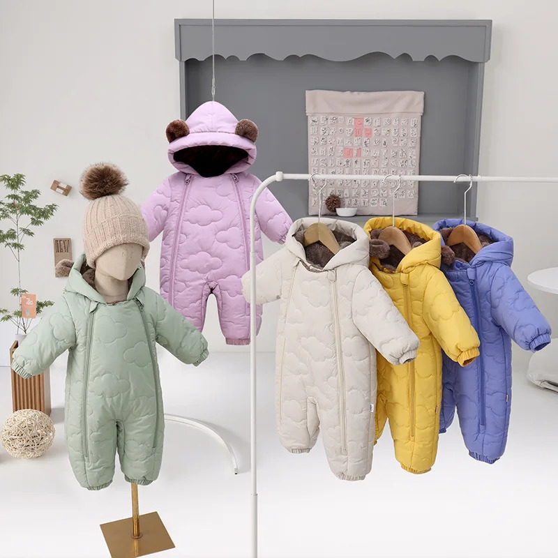 0-2Y Cute Bear Ears Winter Warm Kids Snowsuit Toddler Baby Girl Boy Jumpsuit Thickened Fleece Lined Double-Layer Hooded Romper 251112BJ