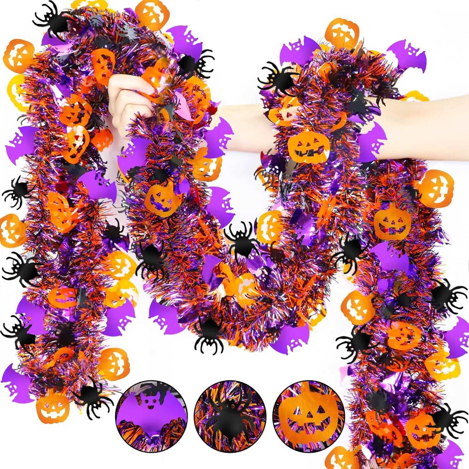 2m Halloween Tinsel Garland with Pumpkin Spider Bat Shiny Metallic Twist Garland for Home Tree Indoor Outdoor Party DecorationsM251115-image-1084784308