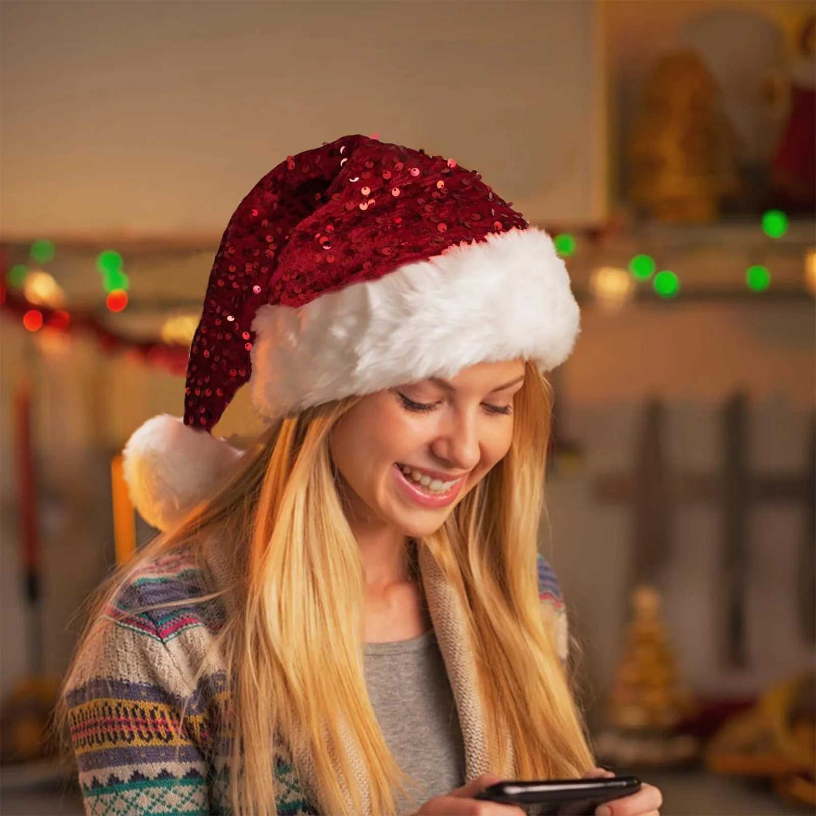 Christmas Sequin Santa Hat Christmas Party Hat New Year Layer Sequin Sea Plush Hat Christmas Decoration Atmosphere Red Double H251115-image-1084812445