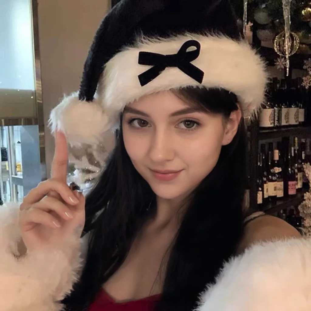New Arrival Black Plush Folded-edge Christmas Hat with Cute Bow-knot Ideal Winter Accessory for Girls and Women Y251115-image-1084820051