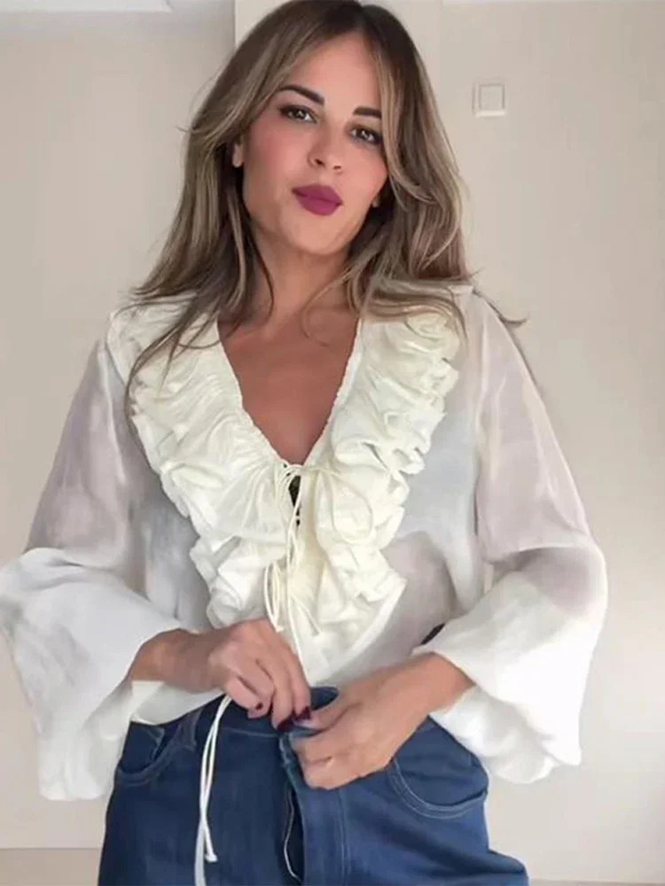 Womens pleated lace fashion white V neck lapel long sleeved spring high street top womens casual shirt 250410