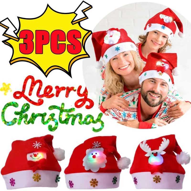 2025 Christmas Hat with Led Light Christmas Santa Cap for Kids Children Adult Gift for New Year Christmas Decorations 3/1PCS H251115-image-1084810455