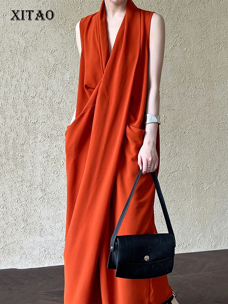 XITAO solid color warm womens dress deep Vneck folding casual loose long skirt 2024 summer GJ1066 250409Z