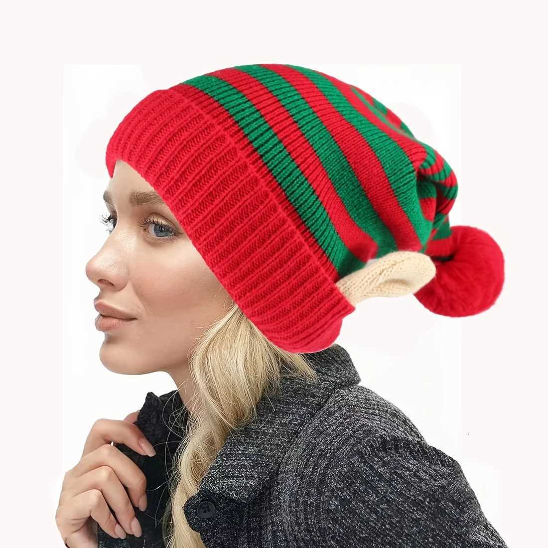 1PC Christmas Holiday Gift Striped Pattern Christmas Hat with Small Ears Xmas Cap Holiday Knitted Hat Winter Party Accessories H251115-image-1084811590