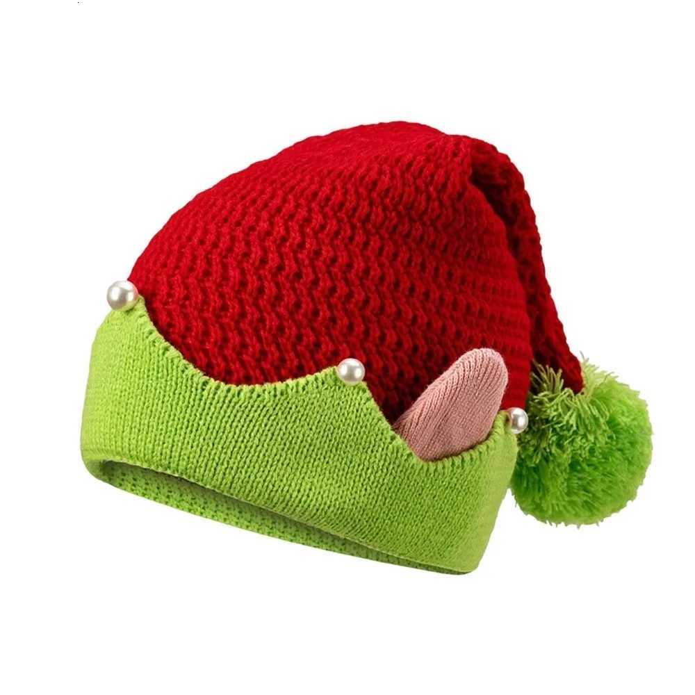Christmas Holiday Gift Striped Pattern Christmas Hat Jacquard Wool Ball Xmas Cap Knitted with Small Ears Elf Santa Cap New Year H251115-image-1084810736