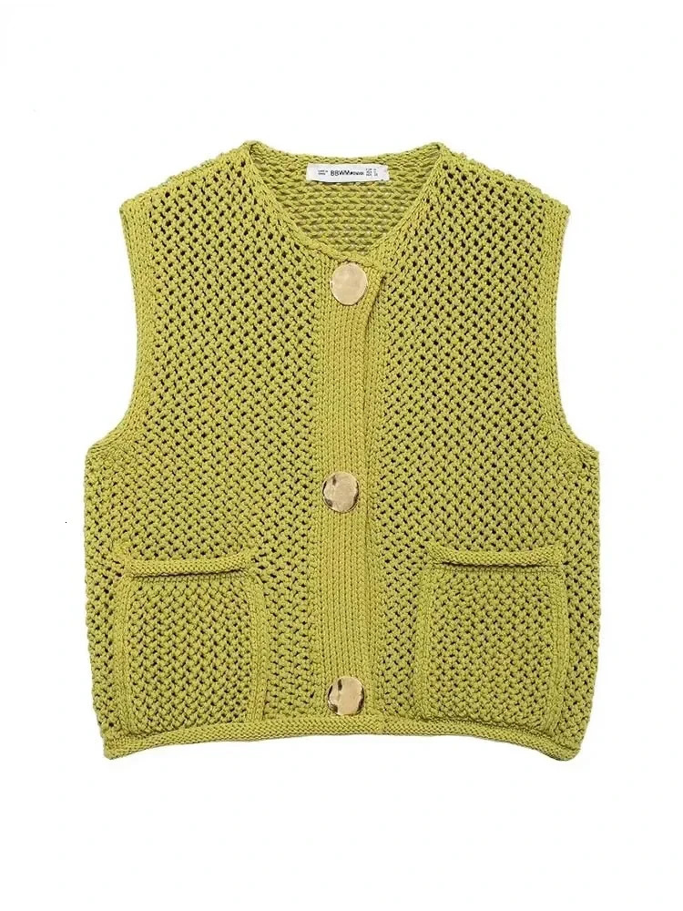Womens Fashion Sleeveless Jacket Knitted Vest Womens Sweater Womens Fashion Large Pocket Patch Button Open Coat Top 250415