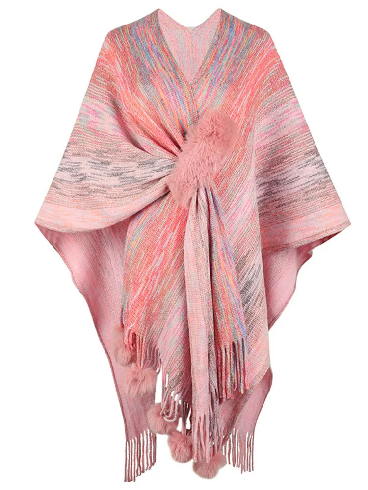 Rainbow striped raincoat knitted tassel shawl jacket for womens autumn and winter Cape Town fashion batwing sleeves 250410