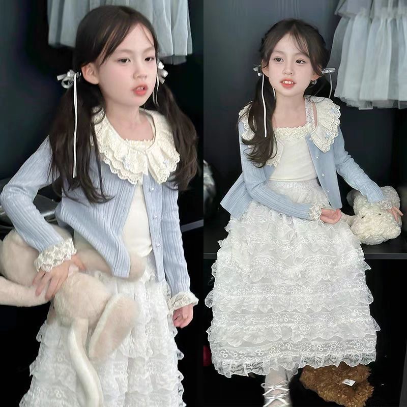 D693 Children&#039;s Cardigan Jacket and Lace-Trimmed Long Skirt Two-Piece Set, Baby Girls&#039; Spring Outfit Suit Dress, 2025 New Style, Stylis-image-1084835085