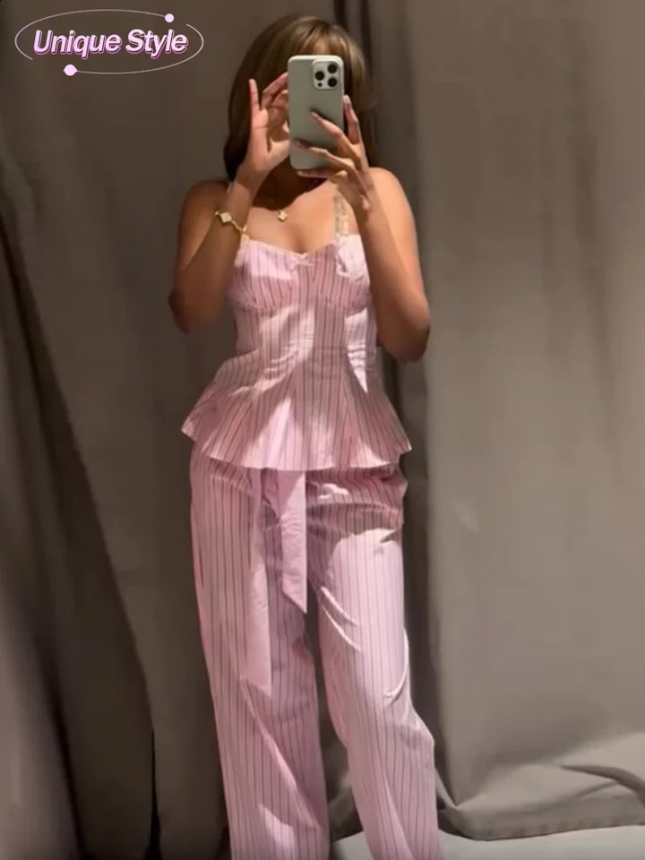 Sweet Pink Stripe Print Pants set fashionable sleeveless backless pleated ultra-thin camisole top 2-piece womens road commuting set 250410