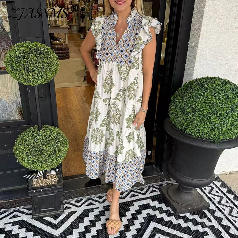 Fashionable floral print patch work long dress for womens spring elegant Vneck loose party summer butterfly sleeve bohemian 250409Z