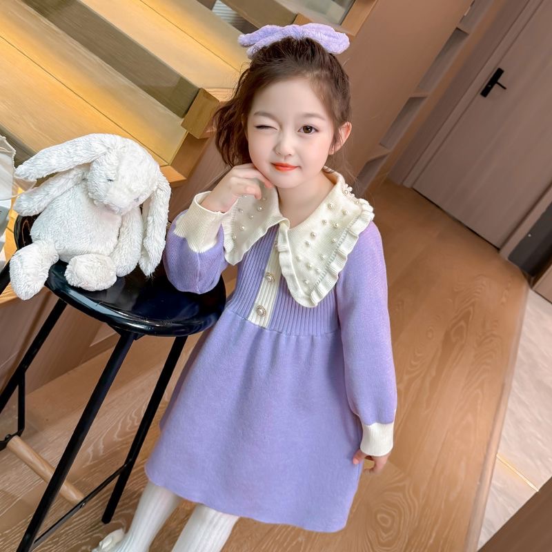 D699 Girls&#039; Autumn/Winter Dress, Korean Style, 2025 New Fashionable Knitted Princess Children&#039;s Sweater Dress-image-1084835389