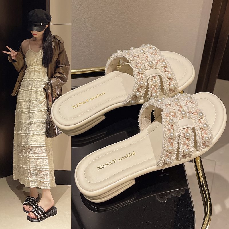 Free shipping Fashion flat women 2025 hot casual soft bottom flip-flops pearl summer beach slippers Beige black Sier 35-40