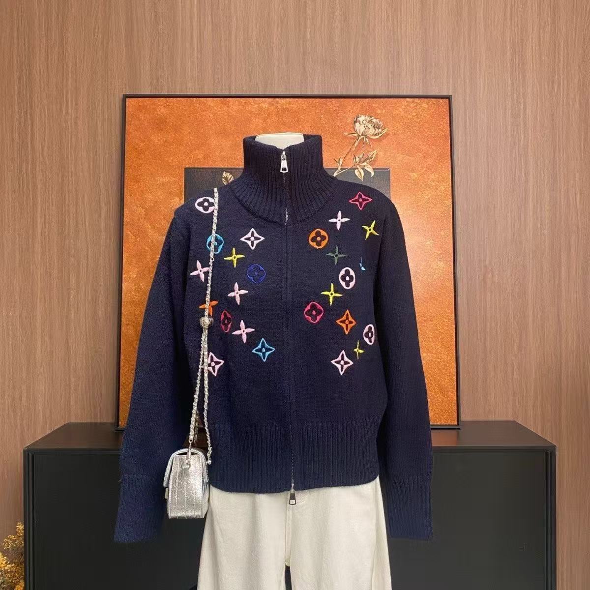 High version color autumn and winter, loose zipper long-sleeved patterned knitted hooded sweater cardigan, high elasticity size S- 2XL