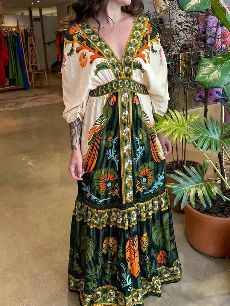 Spring and summer deep Vneck retro printed long dress holiday casual party patch work elegant womens vest 250409Z
