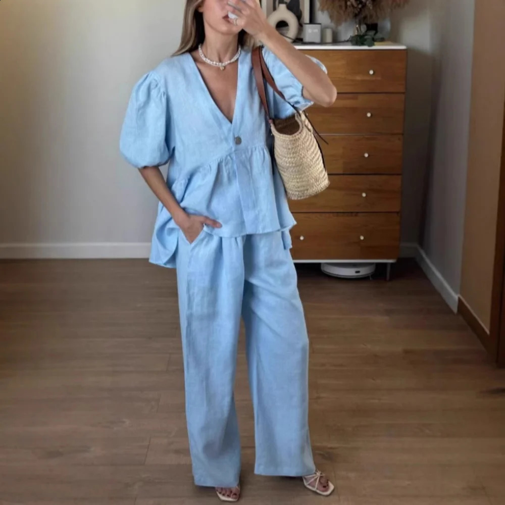 Elegant Solid 2-piece Fashion Womens Sexy V-neck Short Sleeve Button Tank Top Wide Leg Pants Set Casual Street Clothing 250410