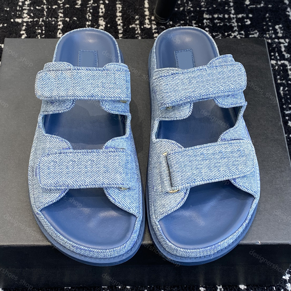 New Denim Dad Sandals Slide slippers Womens Mule beach Flat shoes 100% Leather slip on without the back strap summer Quilted Leather Designer Sandal