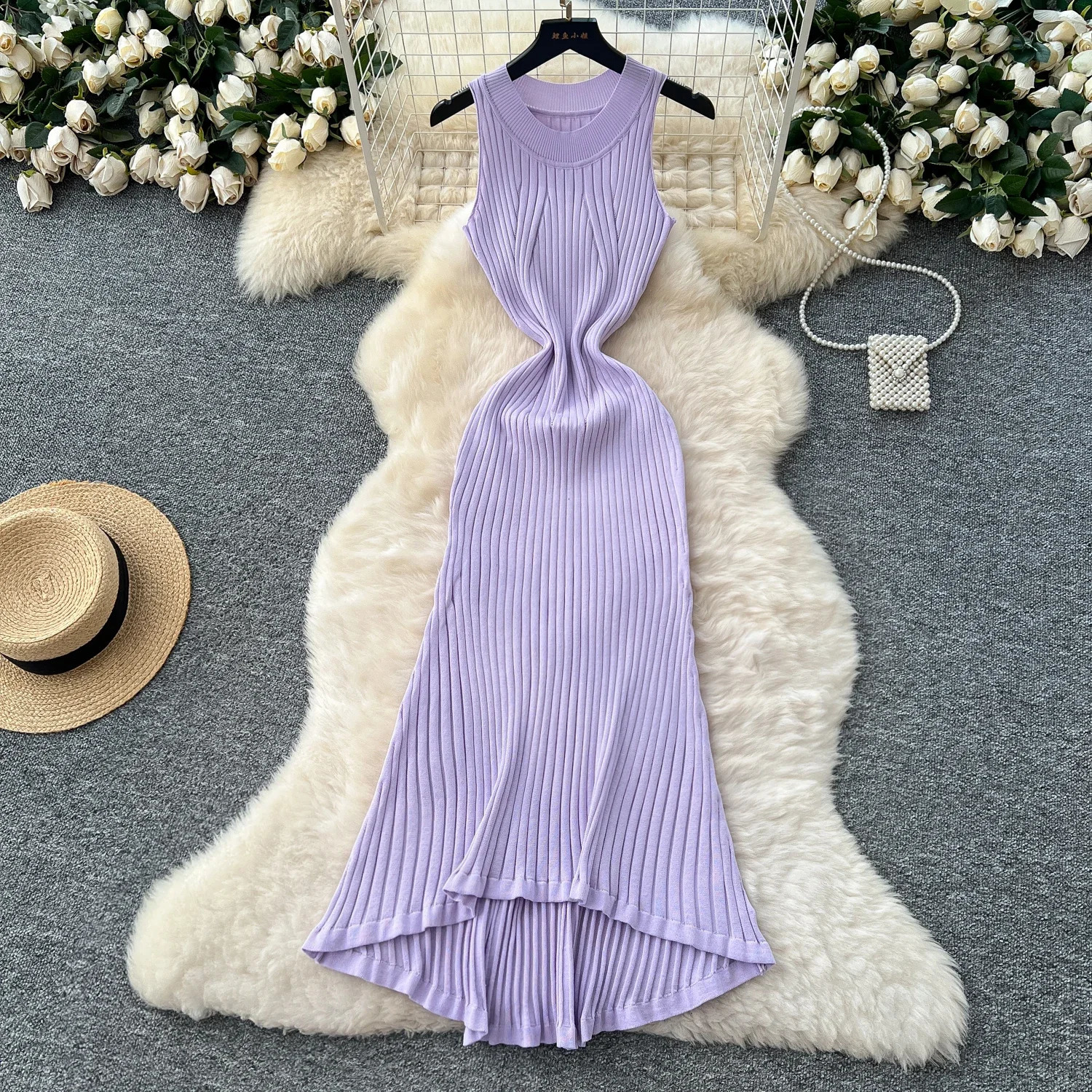 Sleeveless Knitted Irregular Long Dress with Oneck Solid Stripe n for 2025 Summer Fashion Basic Womens Wear Ultra Thin 250409Z