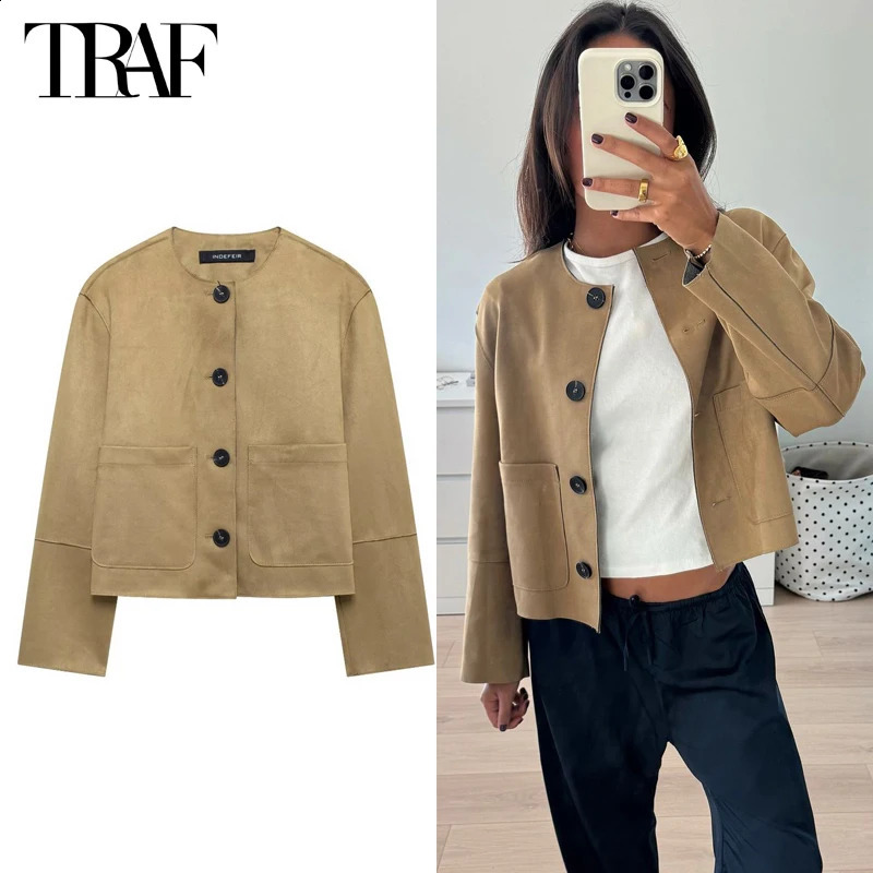 TRAF suede jacket female college bomber jacket womens jacket and womens long sleeved winter jacket 250410