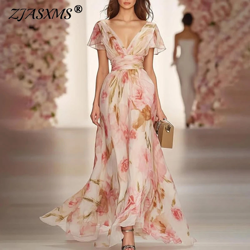 Bohemian style elegant printed long dress spring Vneck high waisted party summer short sleeved zipper 250409Z
