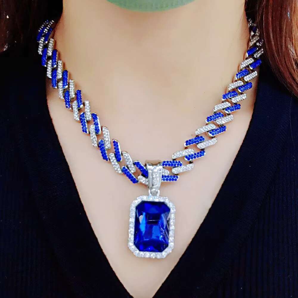 2026 1:1 cologne Iced Out Gold Cuban Thick Chain Necklace For Men Women, Blue CZ Paved Miami perfume Link With Rectangle Gem Pendant, Hip Hop Bling